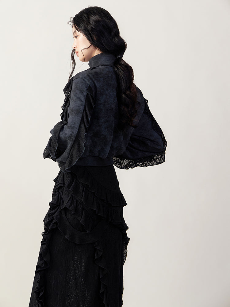 Mottled Snowflake Jacquard Ruffles Splicing Jacket