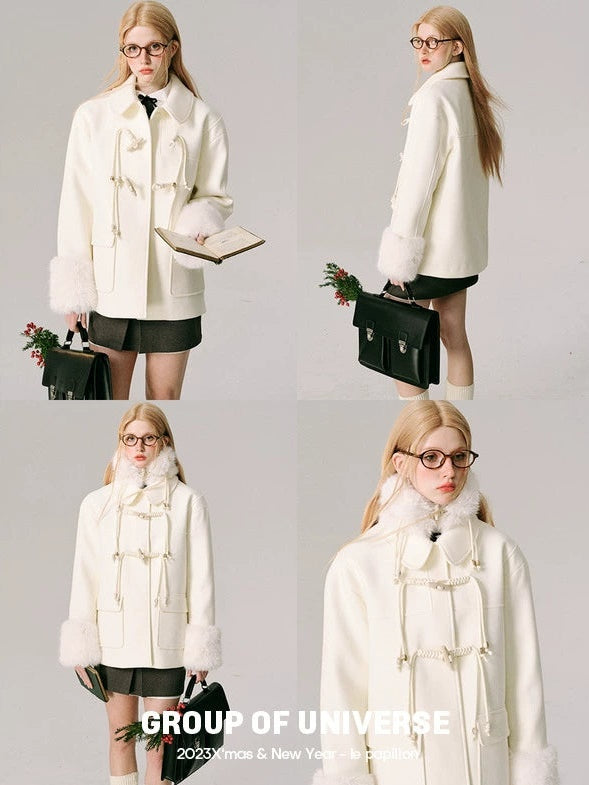 Horn Button Furry Collar Short Coat