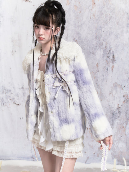 Ribbon Tie-dye Stitching Fur Jacket