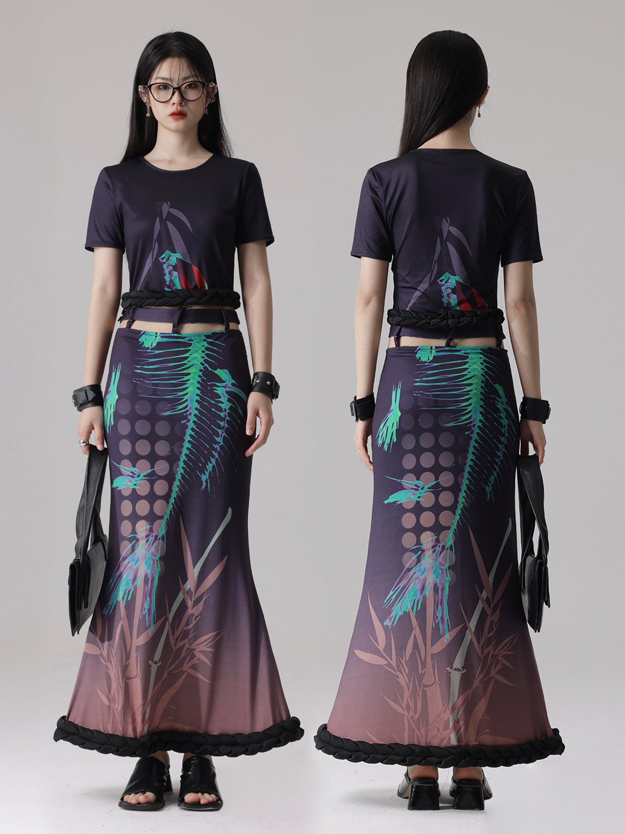 Fishbone Print Stitching Braid Profile Hem Top ＆ Fishtail Skirt