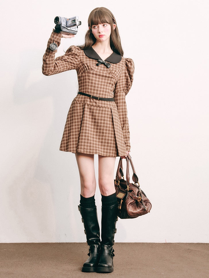 Plaid Retro Bubble Sleeve Kleid