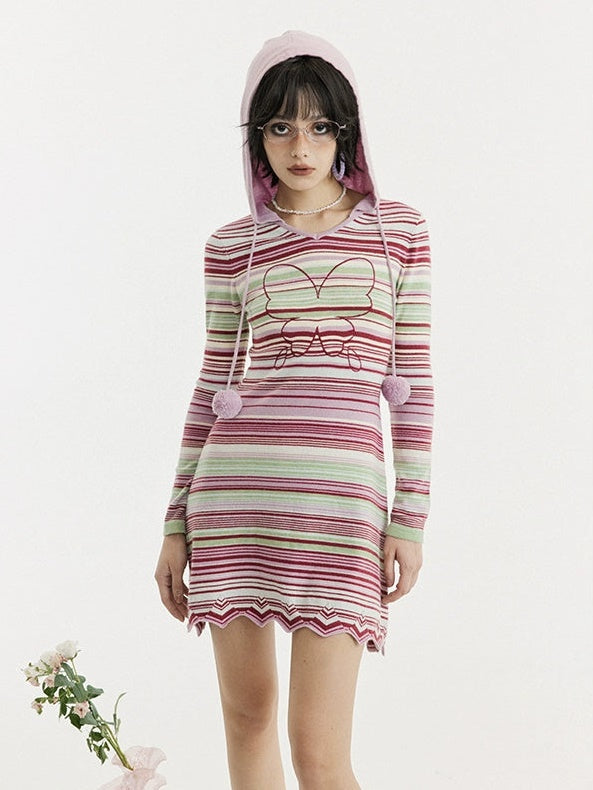 Slim Border Hooded Knited One-Piece