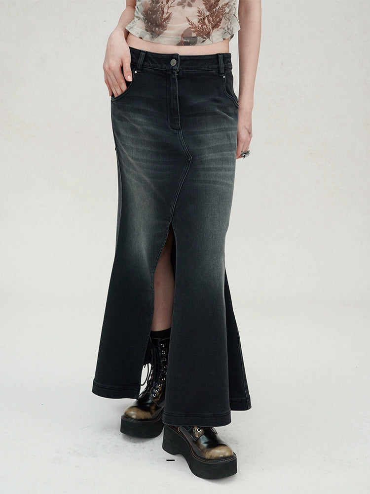 Gradient Mermaid Slit Denim Skirt