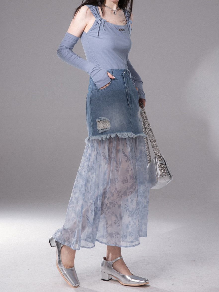 Denim Splicing Smudged Yarn Skirt