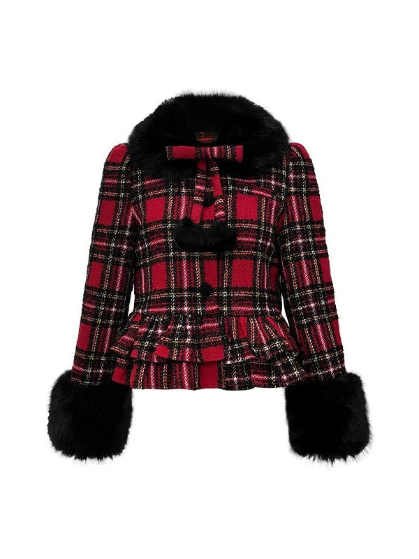 Plaid Detachable Fur Collar Fur Ball Short Coat &amp; Mid-Length Skirt