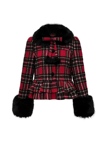 Plaid à carreau à fourrure détachable manteau court et jupe mi-longueur