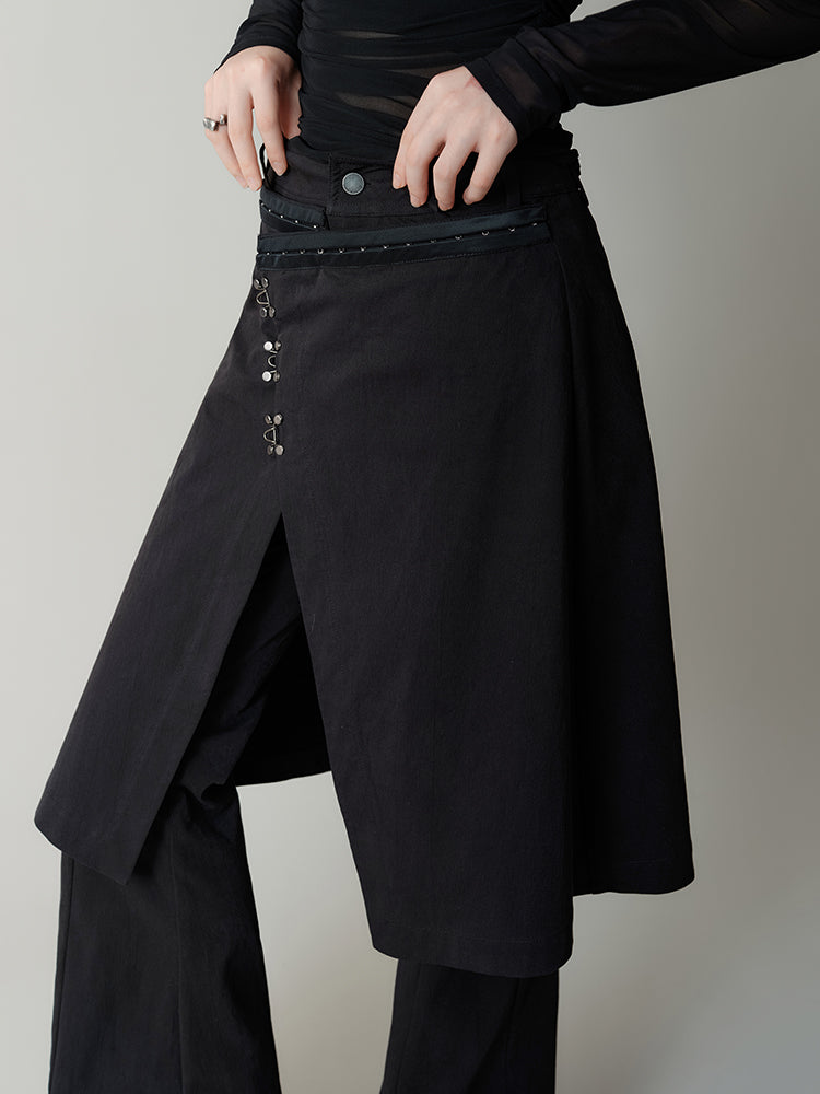 Metal Hook Fake Two-piece Micro-elastic Skirt Flared Pants