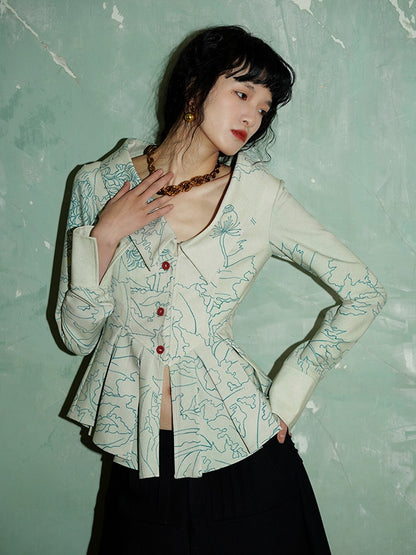 Retro Print Chelsea Collar Waist Shape Shirt Jacket