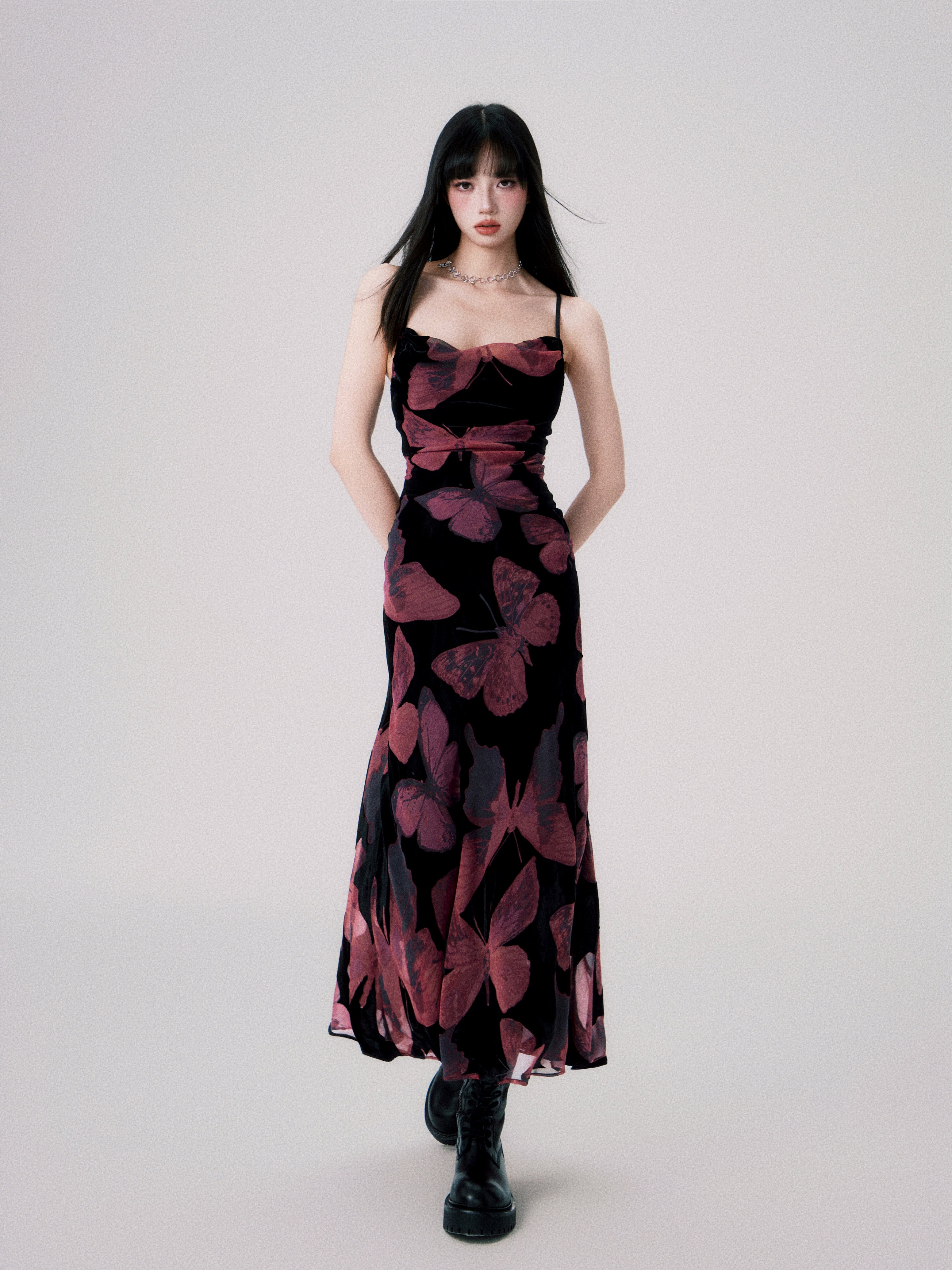 Velvet Butterfly Swing Collar Backless Strap Dress