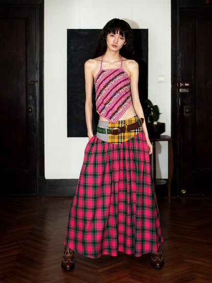 Retro Plaid Stitching Long Skirt With Belt