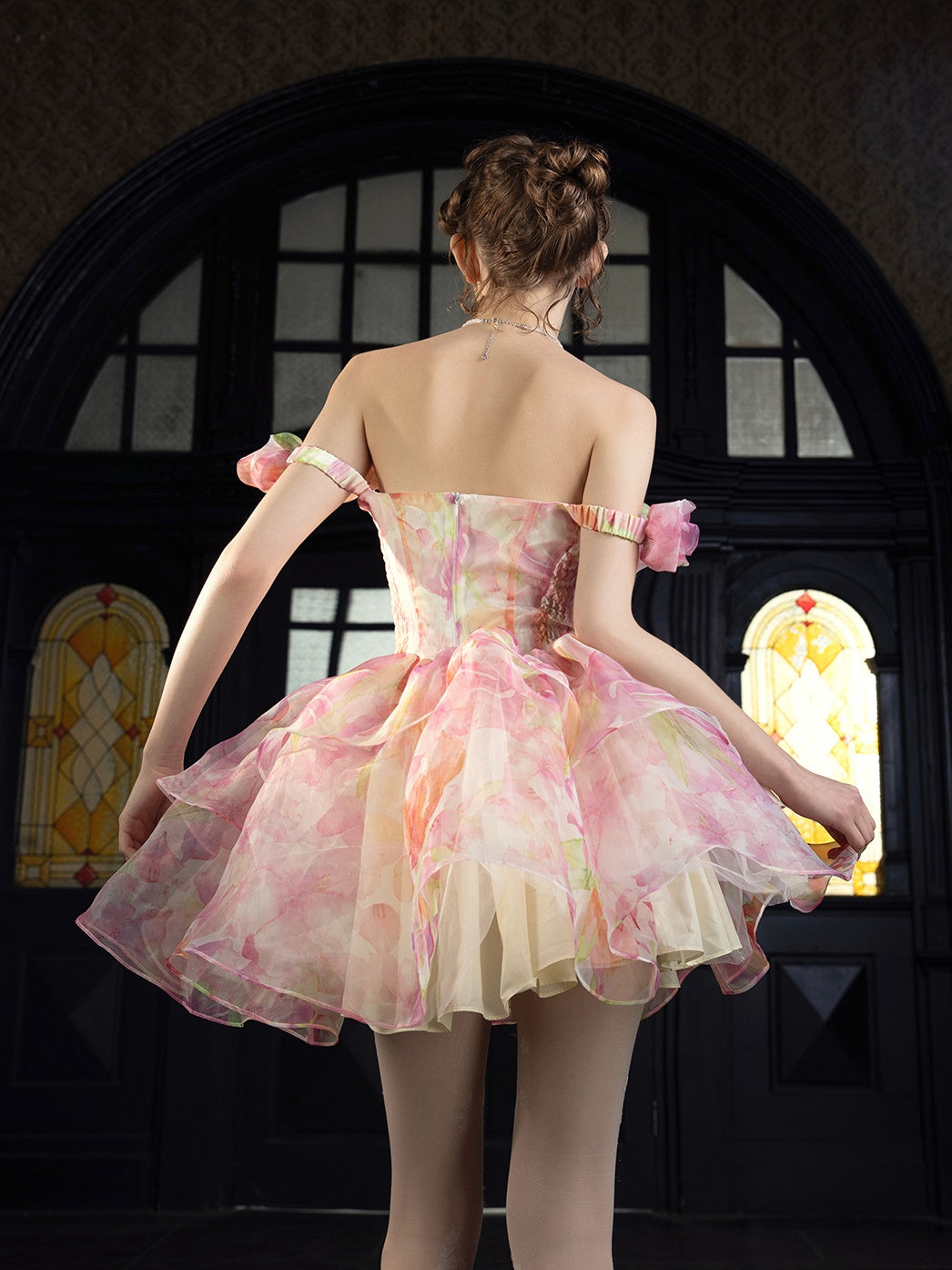 Smudged Three-dimensional flower 2way fluffy Dress