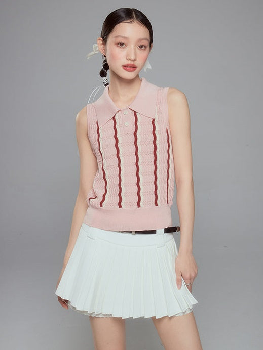 Striped Polo Collar Sleeveless Top