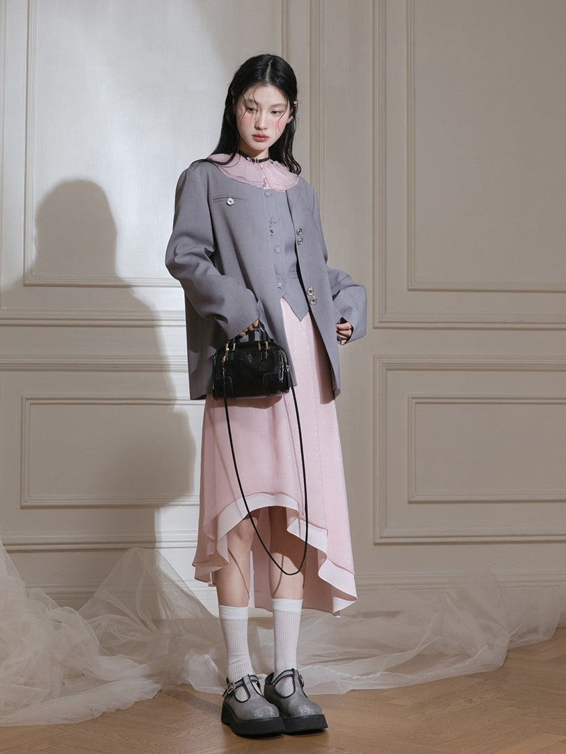 Chinese Style No-Collar Jacket ＆ Vest ＆ Pleated Skirt Set-up