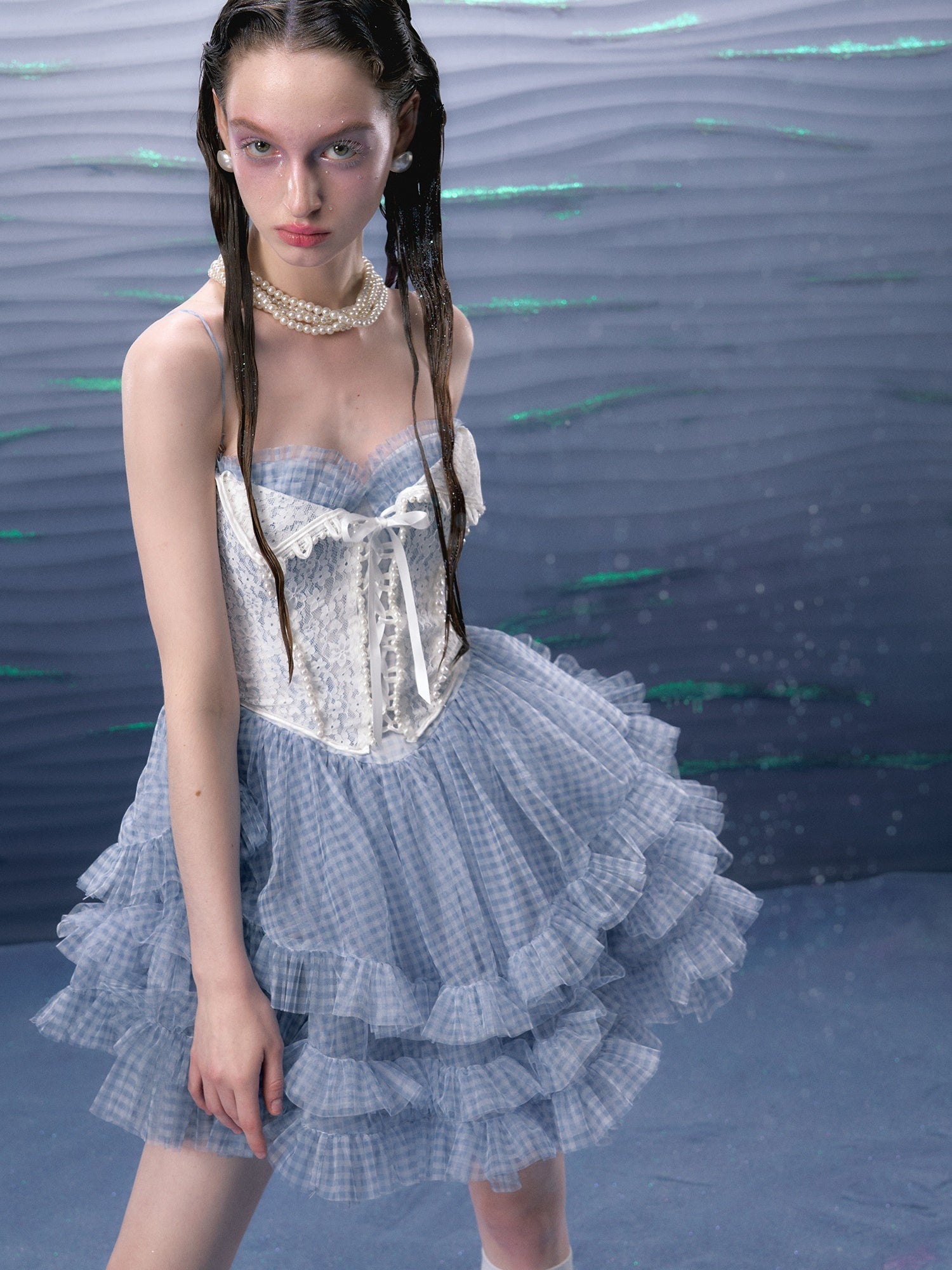 Plaid Mesh Tutu Suspender Dress &amp; Lace Pearl Corset