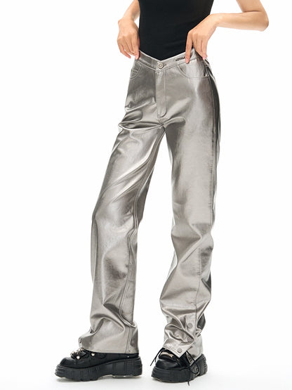 V-shaped High Waist Metallic Leather Pants