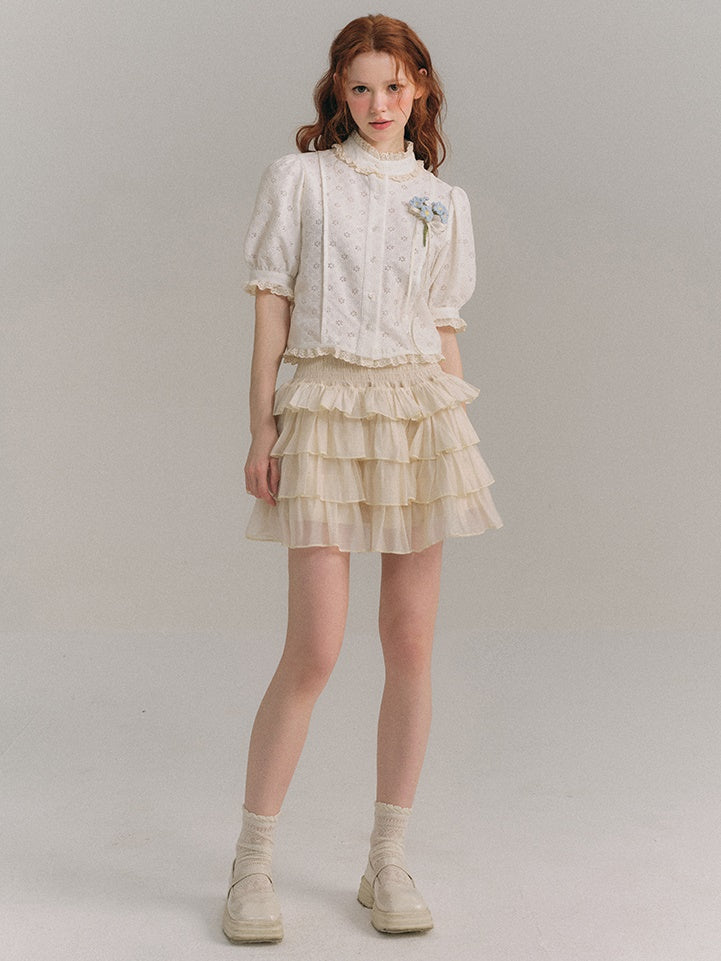 Shimmer Ruffle Collar Shirt &amp; Cake Skirt