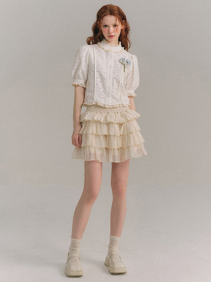 Shimmer Ruffle Collar Shirt &amp; Cake Skirt