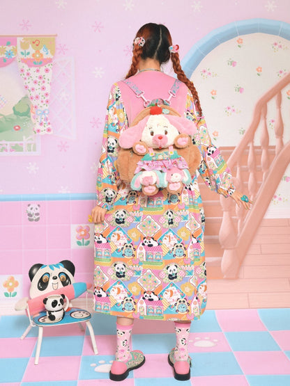 Velvet Stitching Panda Print Loose Coat Dress