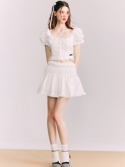 Cutwork Lace Puff Sleeve Top &amp; A-line Skirt