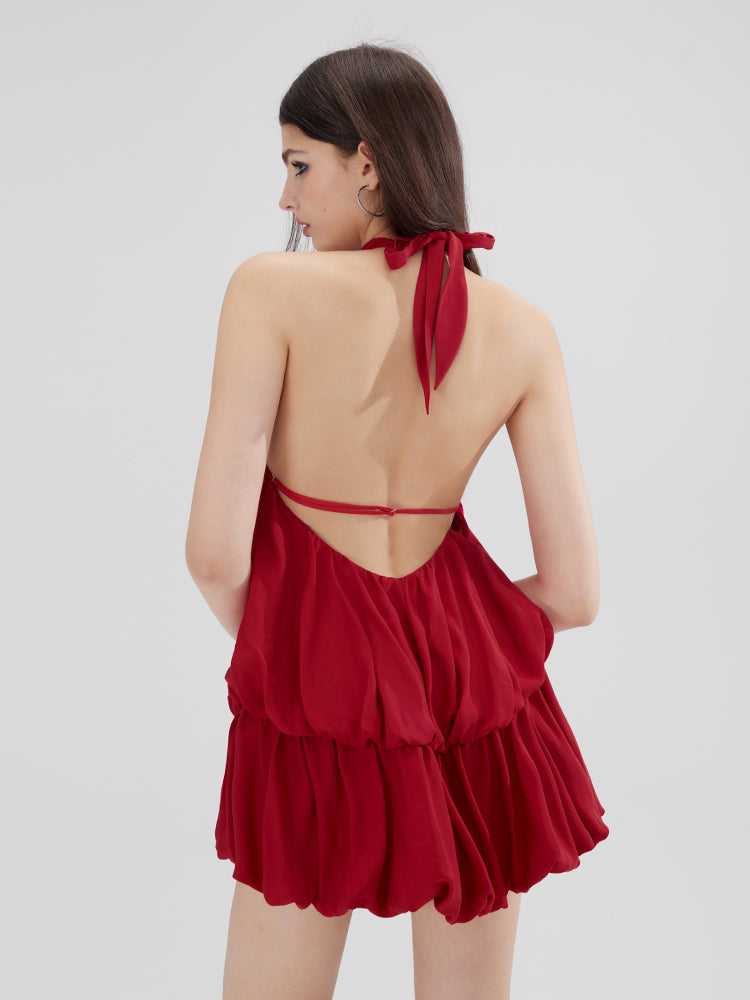 Halter-Neck Vivid Balloon Short Back-Open Sexy One-Piece