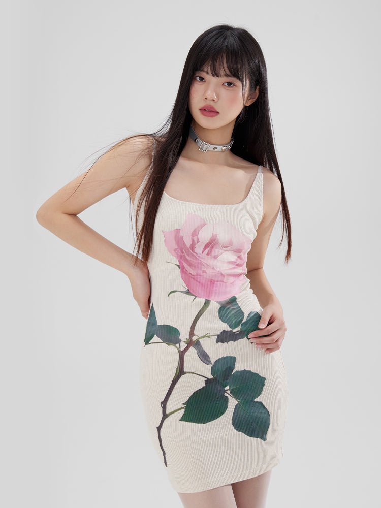 Tight Slim-Fit Body-Conscious Camisole Flower Short One-Pieec