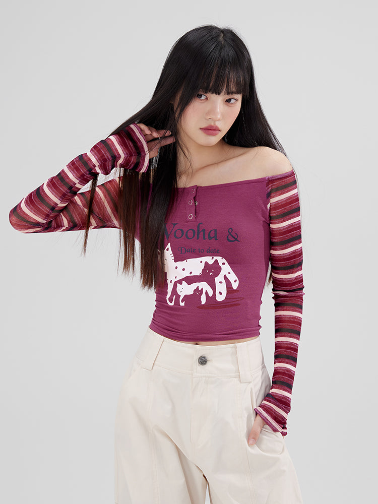 Off-Shoulder Border Border Cat Fancy Unique Casual Tops