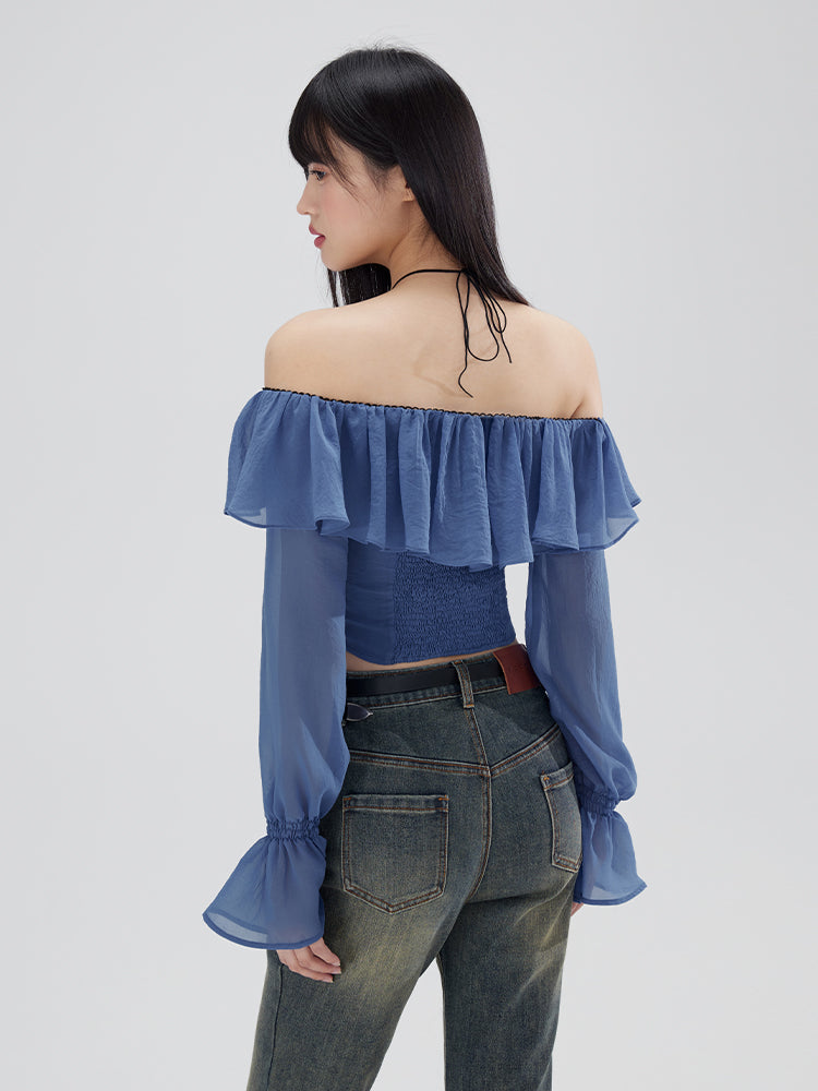 Off-Shouder-Rüschenfleisch-Schokoladen-Süßigkeiten-Sleeve-Bluse