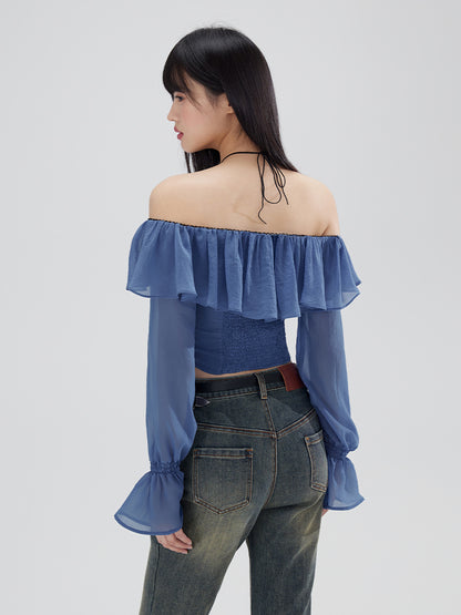 Off-Shoulder Ruffle Frill Plain Candy-Sleeve Blouse