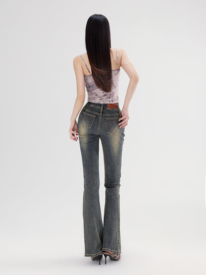 Denim lavé de cloche décontractée simple pantalon