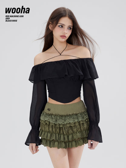 Off-Shoulder Ruffle Frill Plain Candy-Sleeve Blouse