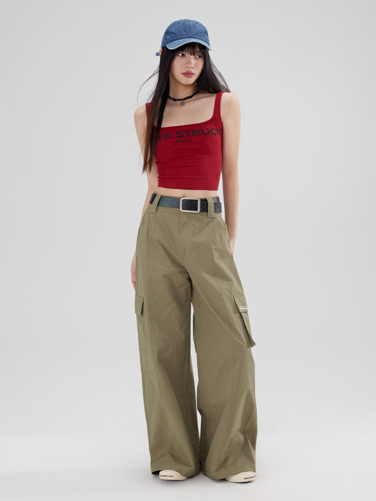 Casual Wide-Leg Side-Pocket Straight Plain Wide-Pants