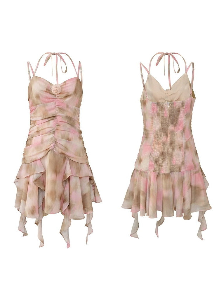 Tie-Dye Sheer Drape Camisole Ruffle Retro Ciffon Aquarell ein Stück