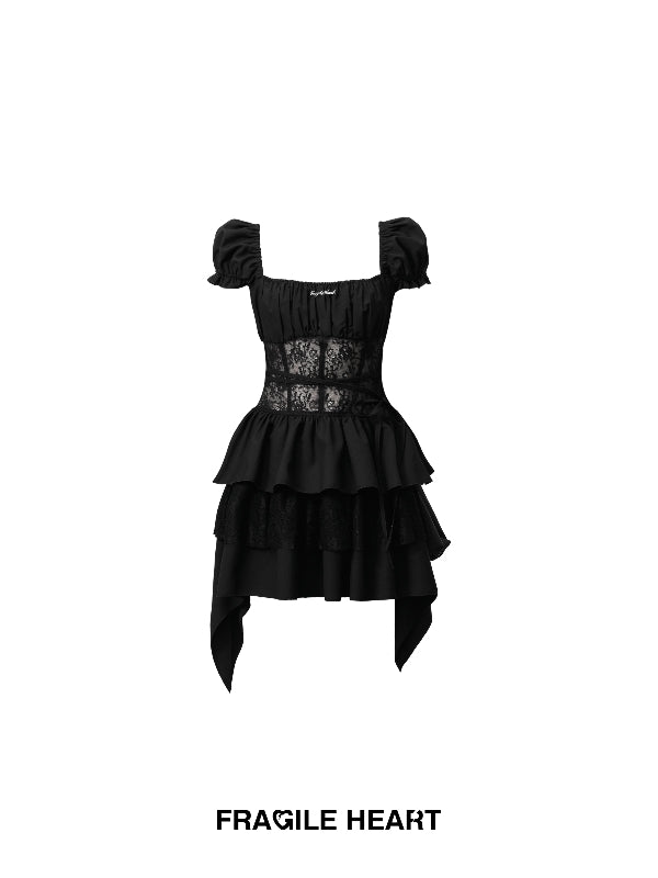 Ruffle Short Tiered Puff-Sleeve One-Piece