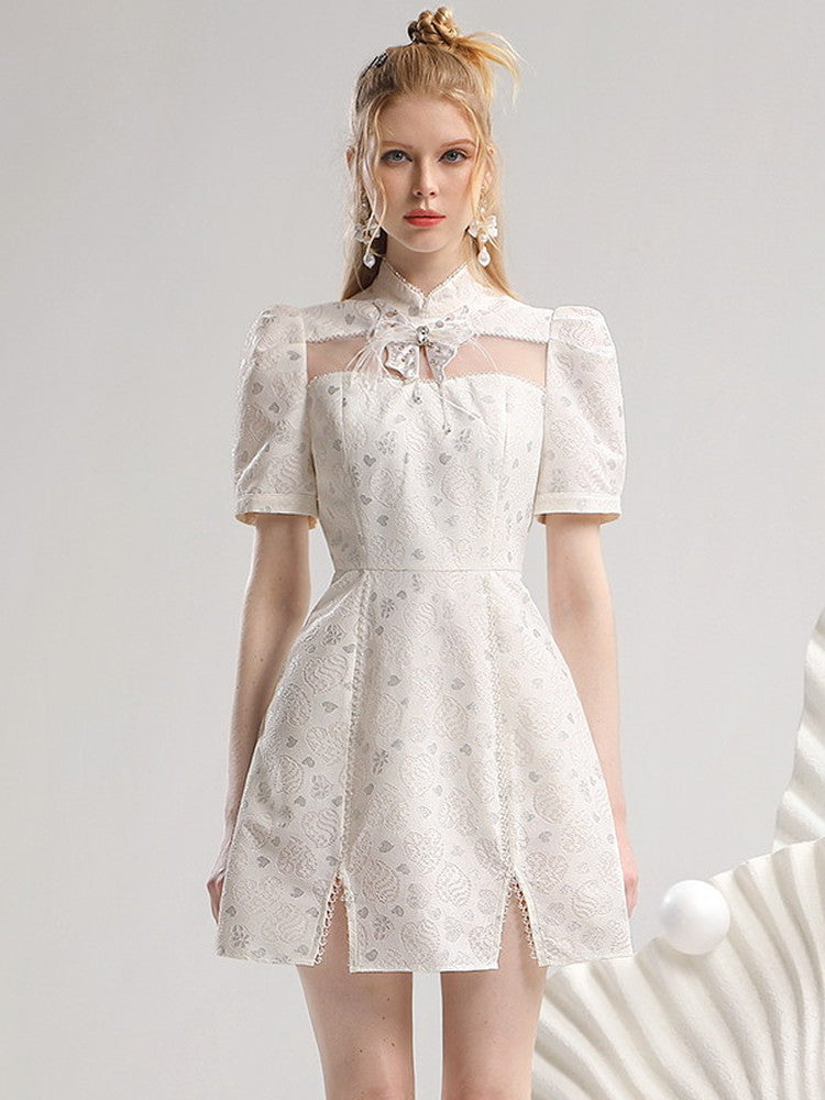 Flare Slit Flower Sheer Ribbon Mao-Collar Elegant Dress