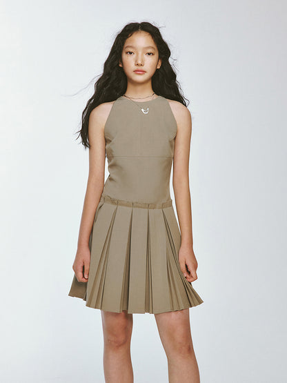 American-Sleeve Box-Pleats Short Plain One-Piece