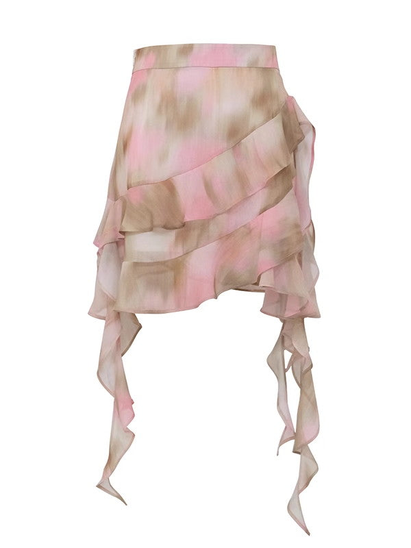 Tie-Dye Ciffon Asymmetru Tiered Frill Watercolor Mini-Skirt