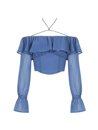 Off-Shoulder Ruffle Frill Plain Candy-Sleeve Blouse