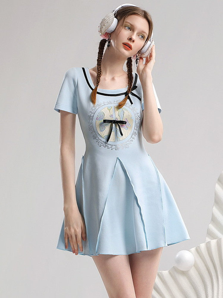 Flare Ribbon Summer-Knit Embroidery Short Dress