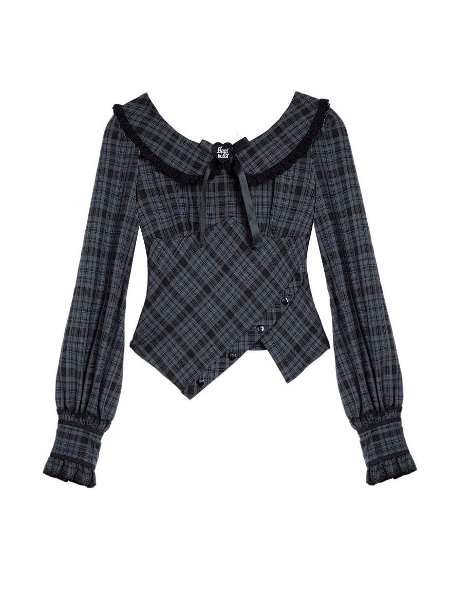 Checked Girly Ribbon Asymmetry Balloon-Sleeve Blouse