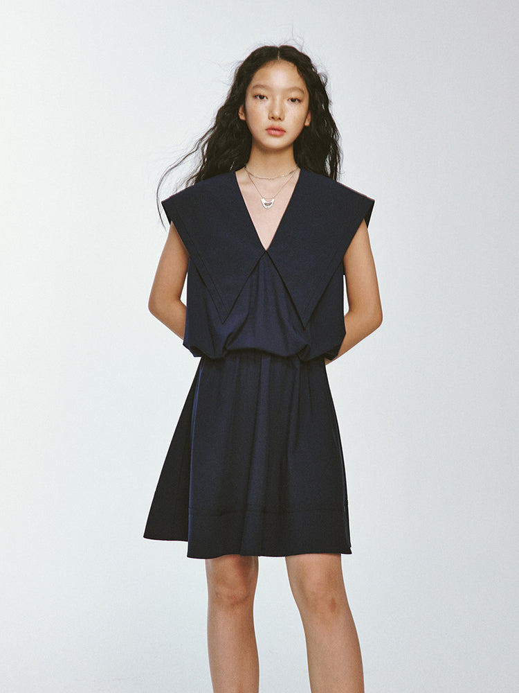 Sailor-Collar Big-Collar V-Neck Loose No-Sleeve Short Chic One-Piece