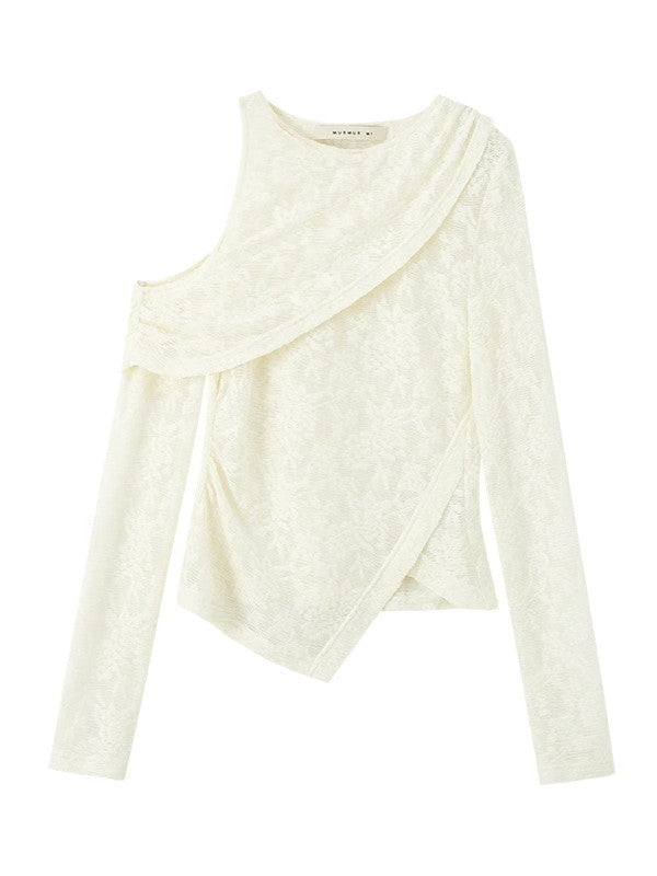 Open-Shoulder Flower Mesh Sheer Asymmetry Knit