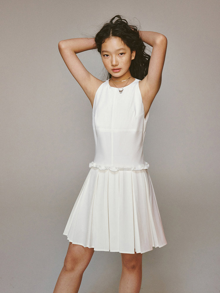 American-Sleeve Box-Pleats Short Plain One-Piece