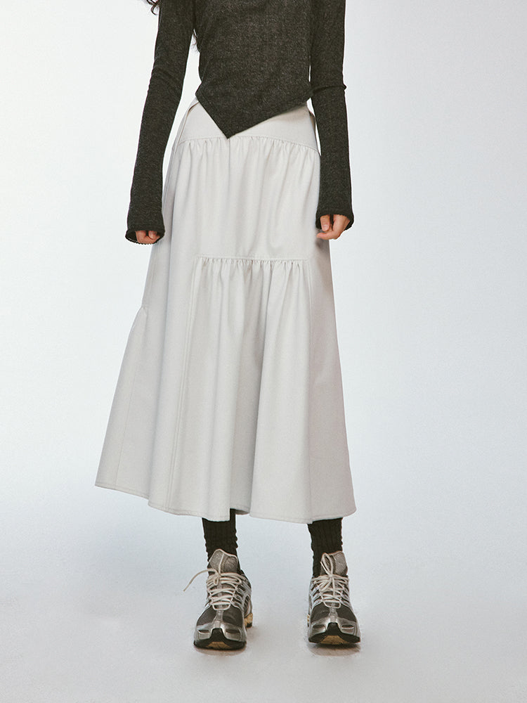 Tiered Asymmetry Plain Flare Simple Long-Skirt