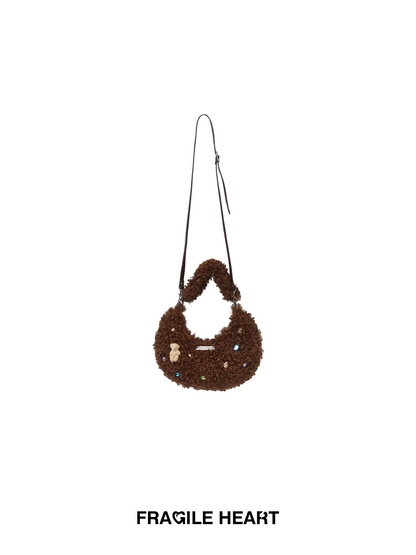 Half-Moon Fluffily Retro Cute Bijou Rhinestone Bear Mascot Boa-Bag