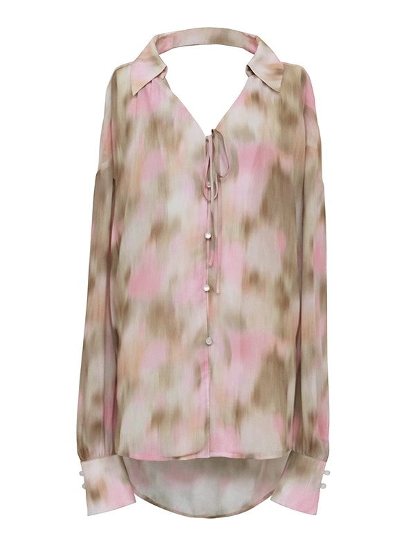 Tie-Dye Sheer Oversize Fish-Tail Back-Open Watercolor Shirt