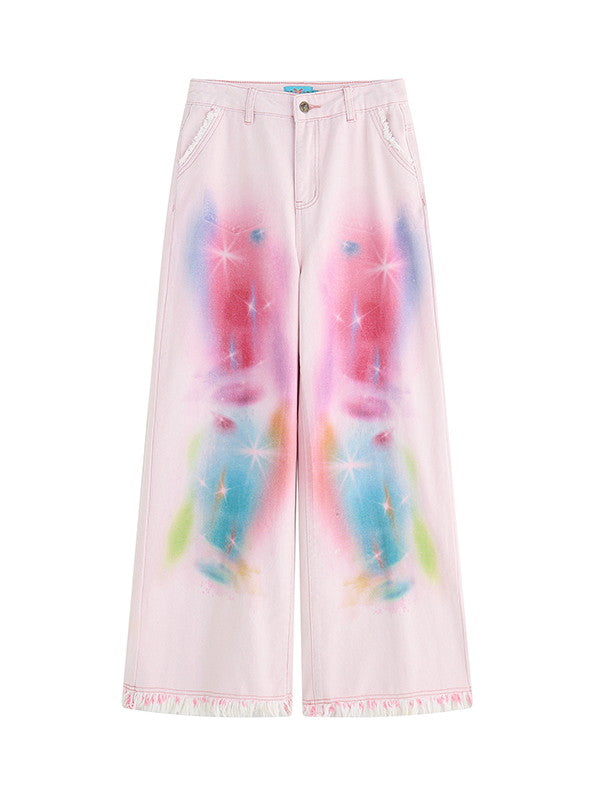 Tie-Dye Pale-Tone Damage Cotton-Candy Tassel Casual Straight Denim-Pants