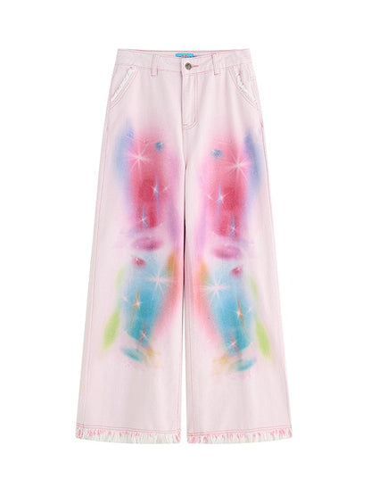 Tie-Dye Pale-Tone Damage Cotton-Candy Tassel Casual Straight Denim-Pants