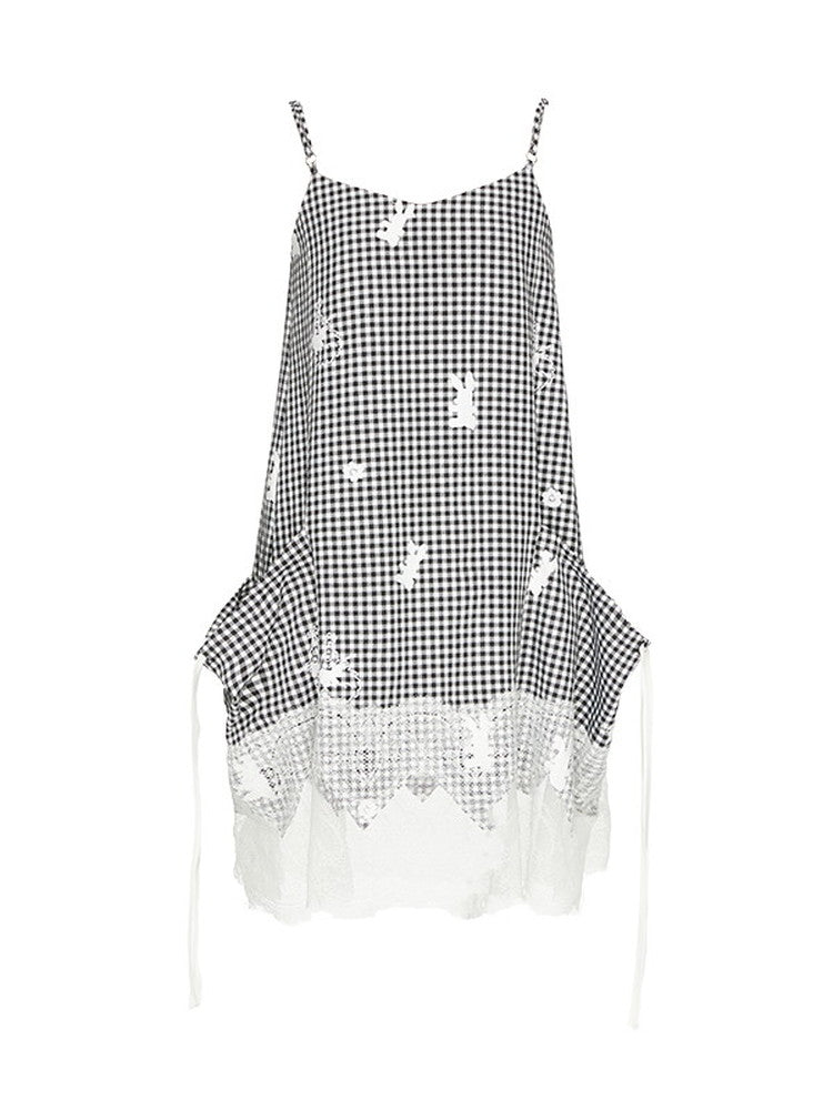 Lace Gingham-Checked Girly Loose Camisole Casual Dress＆Pants