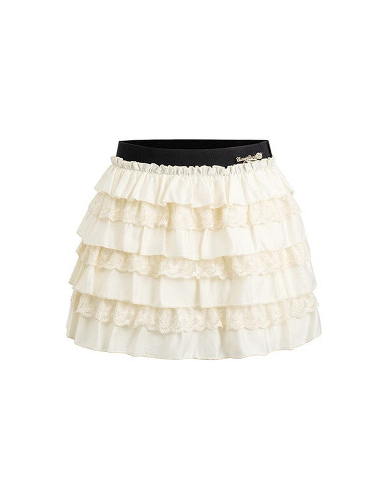 Lace Tiered Short Elastic-Waist Cute Skirt