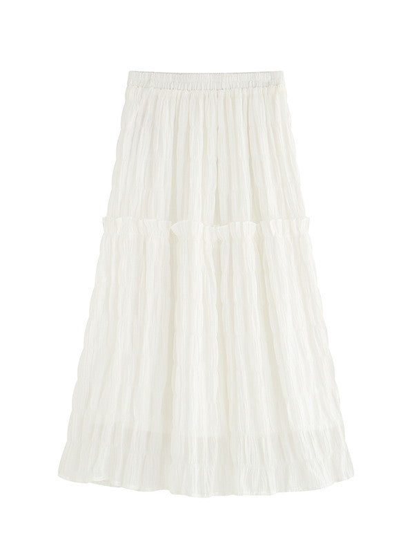 Embroidery Tiered Flare Wrinkled Chic Long-Skirt